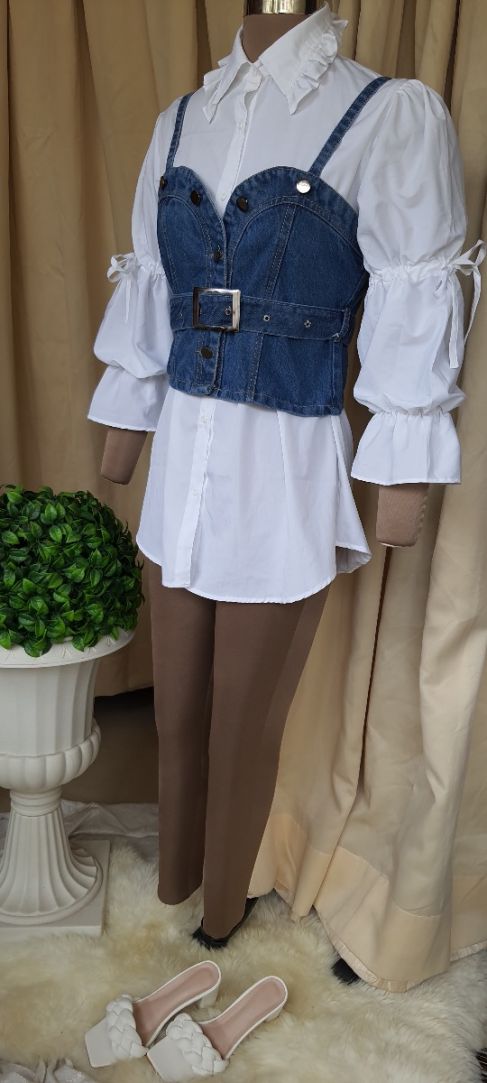 White Shirt with Denim Bustier and Belt