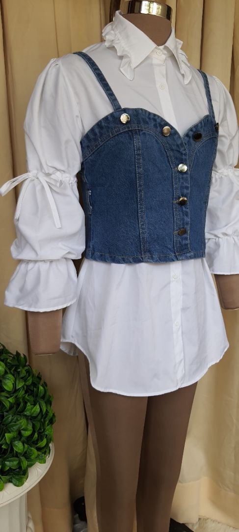 White Shirt with Denim Bustier and Belt